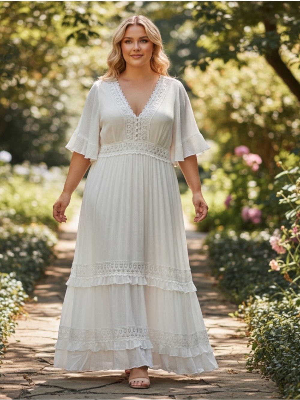 City Chic Ivory Lace-Trim V-Neck Short Sleeve Romantic Gypsy Tier Maxi Dress 16